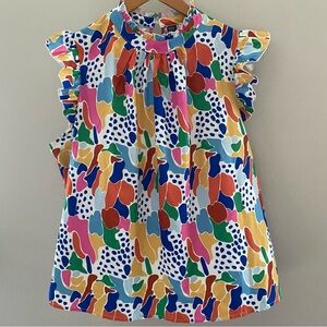 Multicolor Abstract Print Ruffle Sleeve Geometric Fun Statement Top